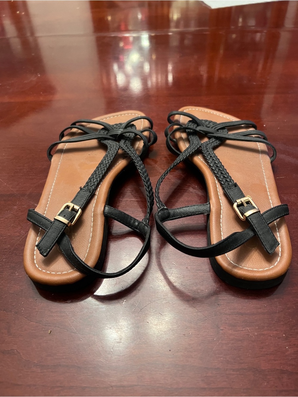Black Braided Strap Sandals with Brown Footbed - Women’s Casual Slide